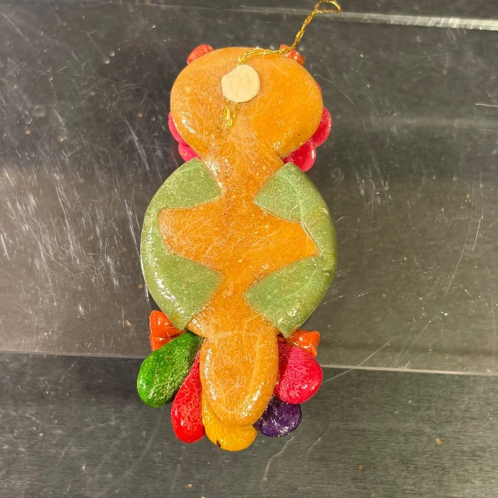 Handcrafted Bread Dough Bird Ornament Colorful Folk Art Floral Detail 4.25 Inch